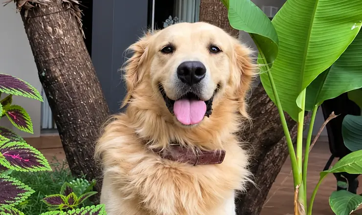 Golden retriever no jardim do hotel pet da Pelos e Patas